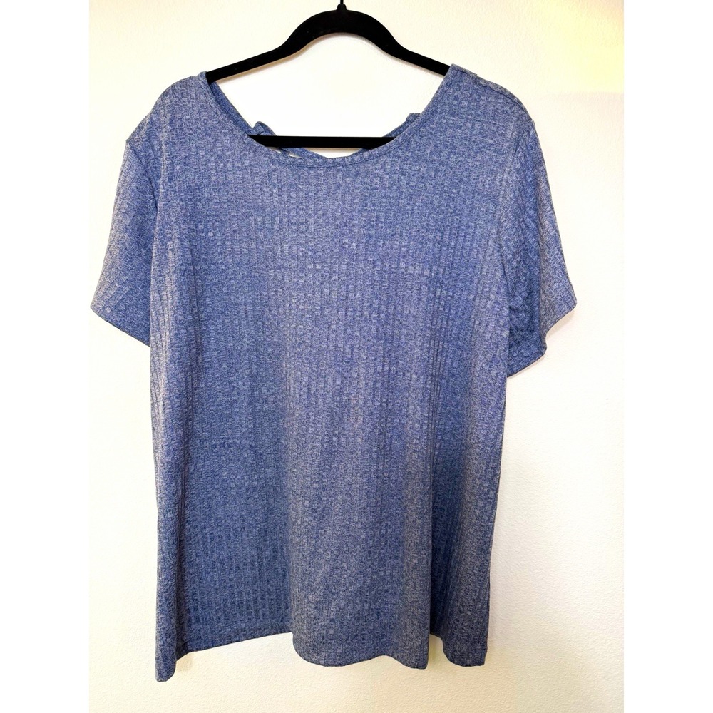 LIVE 4 W Blue Solid Knit Scoop Neck Short Sleeve Strappy Back T-Shirt Stretch